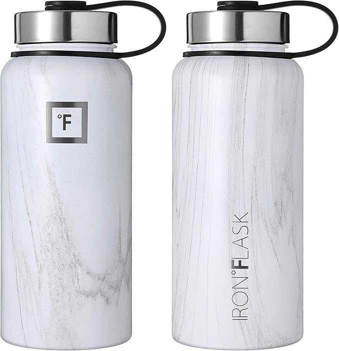 IRON °FLASK Camping & Hiking Hydration Flask, Wide Mouth, 3 Straw Lids, Stainless Steel Outdoor Water Bottle, Double Walled, Insulated Thermos, Metal Canteen - Carrara Marble, 32 Oz