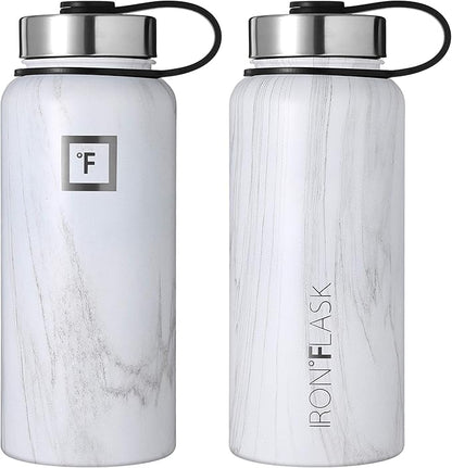 IRON °FLASK Camping & Hiking Hydration Flask, Wide Mouth, 3 Straw Lids, Stainless Steel Outdoor Water Bottle, Double Walled, Insulated Thermos, Metal Canteen - Carrara Marble, 32 Oz