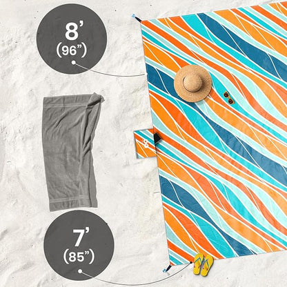 Everlasting Comfort Beach Blanket Waterproof Sandproof - Large Oversized Beach Mat for 10 People w/Stakes, Storage Bag - Beach Accessories for Family, Picnic, Concert, Travel