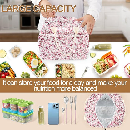 Cotton Quilted Insulated Lunch Bag, Cute Quilted Floral Lunch Tote Bags Reusable Insulated Lunch Box Coquette Aesthetic Large Capacity Insulated Cooler for Women Men Work Travel Picnic (Red)
