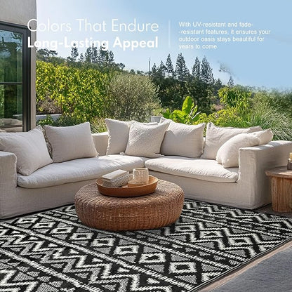 Waterproof Outdoor Rug 9x18 ft, Reversible Plastic Straw Rug, Easy to Clean Patio Rug, Portable Carpet for Patio, RV, Deck, Balcony, Backyard, Picnic, Beach, Geometric Diamond, Gray