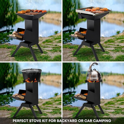 Stanbroil 3 in 1 Rocket Stoves with Grill Rack, Griddle and Pot Cooking Stand, Heavy Duty Wood Burning Stoves for Cooking, Camping wood Stove Kit for Off-Grid Supply, Outdoor Grilling Cooking Event