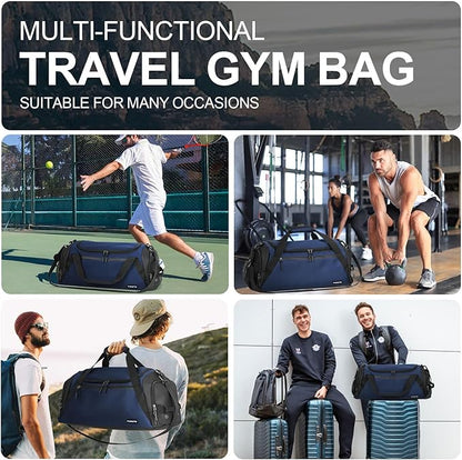 FIORETTO 43L Mens Sports Gym Bag with Wet Pocket & Shoe Compartment, Travel Duffle Bag Overnight Bag with Padded Shoulder Strap, Holdall for Swimming, Basketball, Football Navy