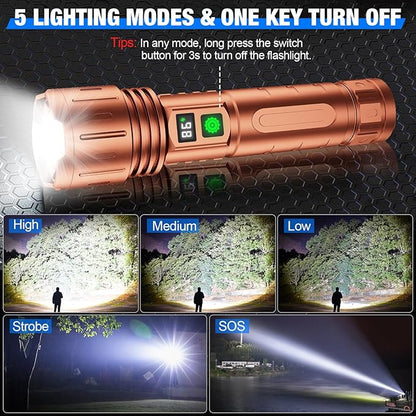 Flashlights High Lumens Rechargeable, 100000 Lumens Super Bright LED Powerful Flashlight, Type-C, 5 Modes, Zoomable, IPX5 Waterproof High Powered Tactical Flash Light for Emergency Camping,Brown