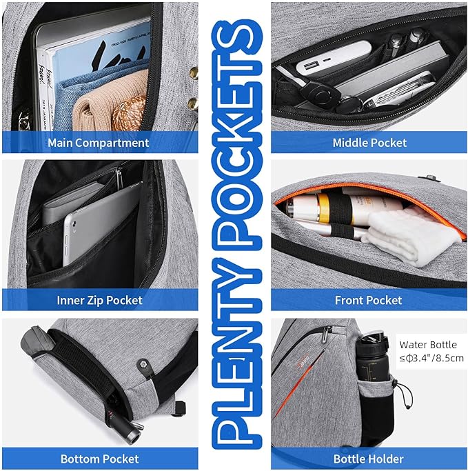 TUDEQU Sling backpack, 8 Pockets Sling Bag Crossbody, 19L Large Sling Bag for Men Travel Crossbody Backpack Hiking Outdoor