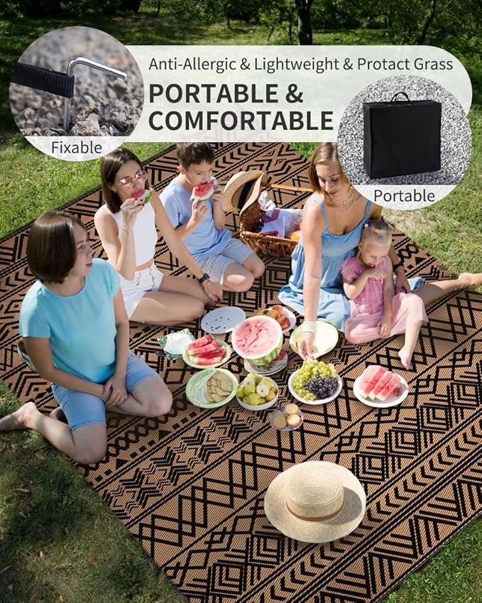 MontVoo Outdoor Rug Carpet Waterproof 6x9 Outdoor Patio Rug Mat Reverisble Plastic Straw Outdoor Rug for RV Camping Picnic Beach Balcony Boho Black Brown