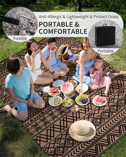 MontVoo Outdoor Rug Carpet Waterproof 6x9 Outdoor Patio Rug Mat Reverisble Plastic Straw Outdoor Rug for RV Camping Picnic Beach Balcony Boho Black Brown