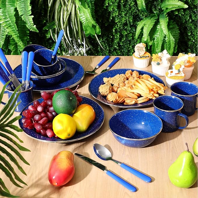 48 Pcs Enamel Camping Tableware Set for 8 Includes 12 oz Enamel Coffee Mugs 10.5 Inch Camping Plates 6 Inch Bowls and Camping Utensils Set Includes Knife Fork Spoon for Camping Outdoor RV