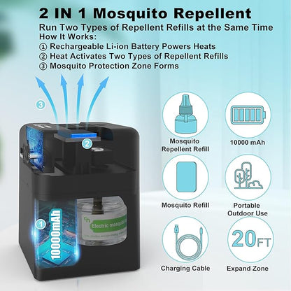 Mosquito Repeller Rechargeable 10000mAh Indoor Outdoor with 20' Mosquito Protection Zone,includes 280 Hr Working Refill (1 bottle Refill and 20 Pcs Refill)