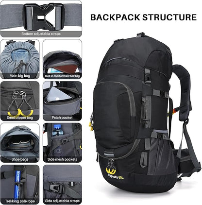 ShowyLive 60L Waterproof Hiking and Camping Backpack for Men - Durable, Lightweight Large Hiking Backpack with Rain Cover, Multi Compartments, and Adjustable Straps, Black