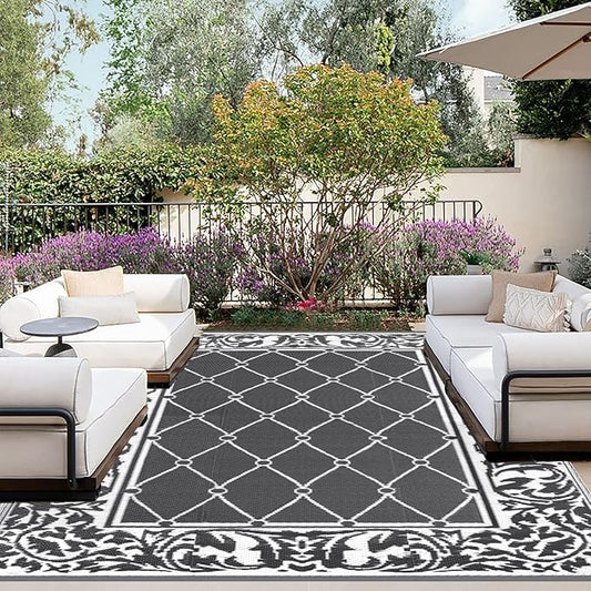 OutdoorLines Indoor Outdoor Rugs for Patio 5x8 ft - Reversible Outside Carpet, Stain & UV Resistant Portable RV Mats, Plastic Straw Rug for Camping, Pool Deck, Porch Rhombus Gray & White