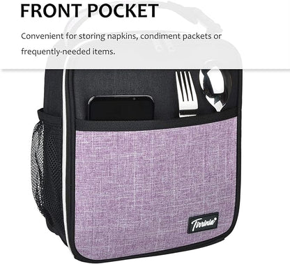 Tirrinia Small Insulated Lunch Bag for Men Women, Splash Proof Mini Portable Reusable Thermal Lunch Box Cooler Tote for Adults & Kids, Black & Purple