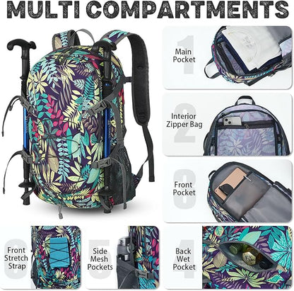 40L Lightweight Hiking Backpack Travel Packable Daypack for Women and Men, Purple Leaf