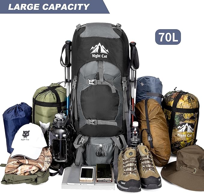 Night Cat Hiking Backpacks 70L Camping Backpacking Packs for Men Women Lightweight Outdoor for Mountaineering Traveling, No Internal Frame