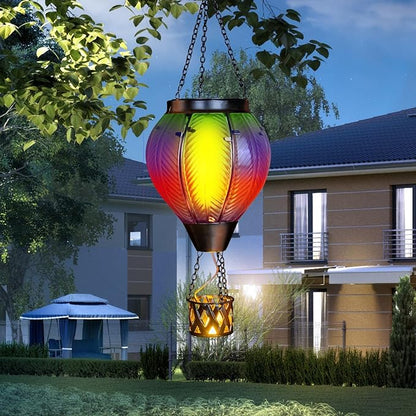 Solar Hot Air Balloon with Candle Holder - Waterproof Solar Lantern with Flickering Flame Metal & Glass Waterproof Lanterns for Garden Patio Pathway Yard Porch Decor Multi-Color