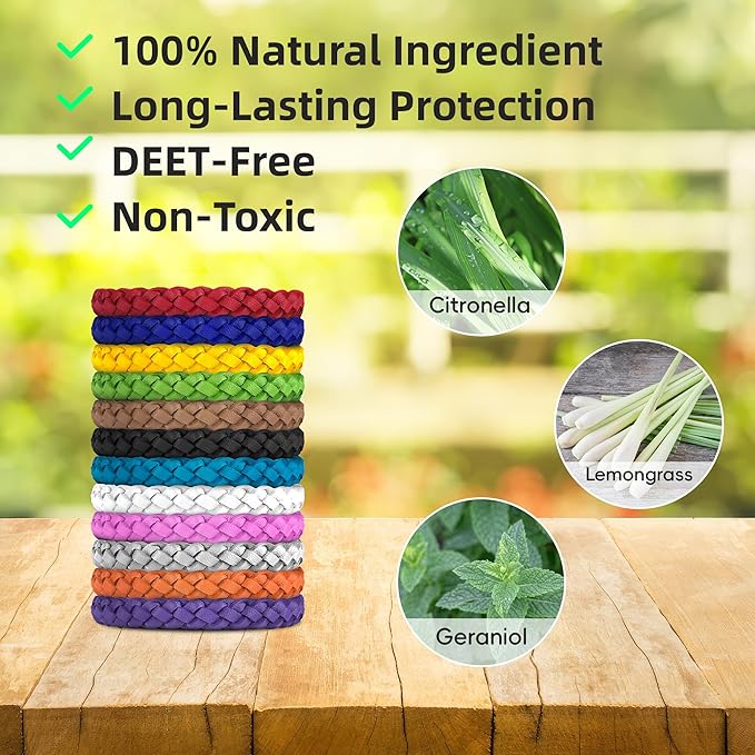 12 Pack Mosquito Repellent Bracelets, DEET-Free, Individually Wrapped PU Leather Insect & Bug Repellent Wrist Bands