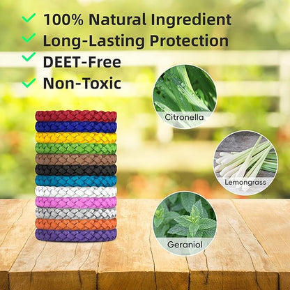 12 Pack Mosquito Repellent Bracelets, DEET-Free, Individually Wrapped PU Leather Insect & Bug Repellent Wrist Bands
