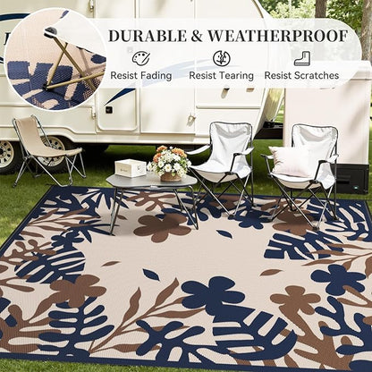 MontVoo Outdoor Rug Waterproof 6x9 ft RV Outdoor Rug for Camping Picnic Mat Outdoor Patio Rug Carpet Plastic Straw Reversible Floral Navy Orange