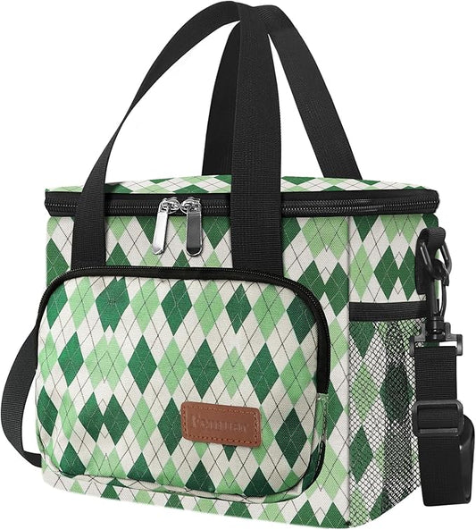 Femuar Lunch Bags for Women/Men, Insulated Lunch Bag for Work Office - Lunch Cooler Bag Leakproof Lunch Box with Adjustable Shoulder Strap - Green plaid