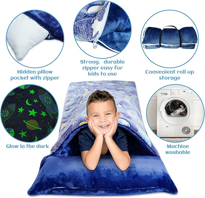 Sleeping Bag for Kids Glow in The Dark Slumber Bag for Girls and Boys Toddler Nap Mats, 62" x 28" Soft and Comfortable for Sleepover, Daycare, Preschool, Kindergarten
