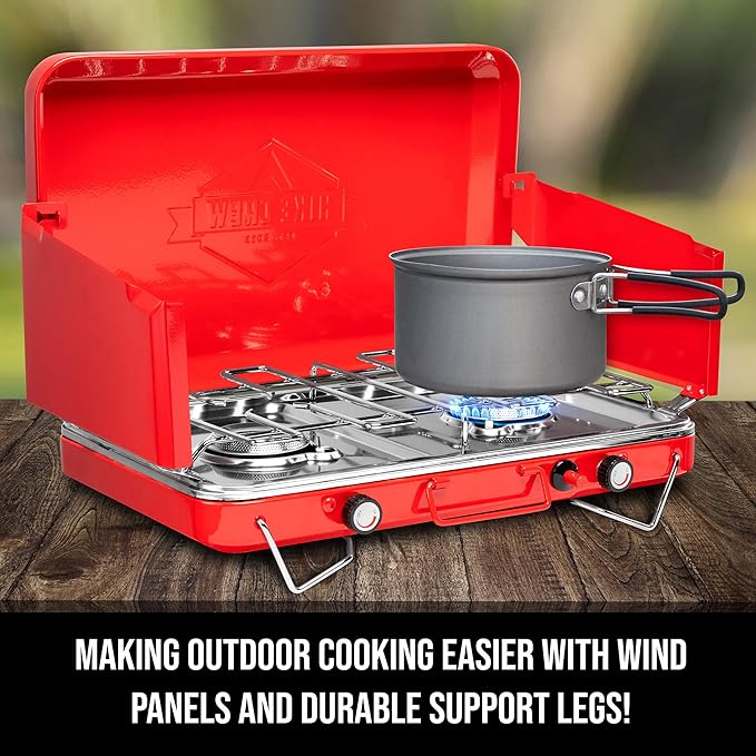 Hike Crew Gas Camping Stove | 20,000 BTU Portable Propane 2 Burner Stovetop | Integrated Igniter & Stainless Steel Drip Tray | Built-in Carrying Handle, Foldable Legs, Wind Panels | Includes Regulator