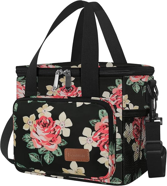 Femuar Lunch Bags for Women/Men, Insulated Lunch Bag for Work Office Picnic - Lunch Cooler Bag Leakproof Lunch Box with Adjustable Shoulder Strap - Black Floral