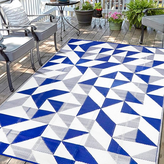 Outdoor Rug Mat for Patio, 6x9ft Waterproof Reversible Plastic Straw Rugs, Camping Carpet Area Mats for RV, Porch, Deck, Backyard, Balcony, Camper, Trailer, Blue & White