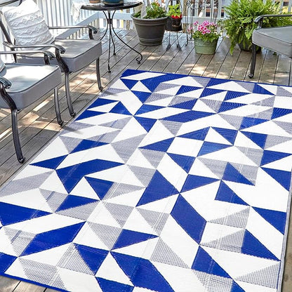 Outdoor Rug Mat for Patio, 6x9ft Waterproof Reversible Plastic Straw Rugs, Camping Carpet Area Mats for RV, Porch, Deck, Backyard, Balcony, Camper, Trailer, Blue & White