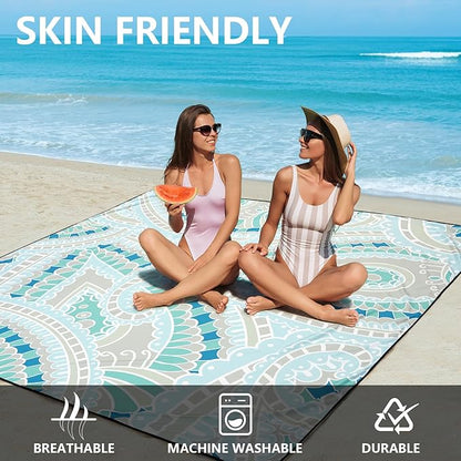 Beach Blanket Sandproof Extra Large Beach Mat Adults Waterproof Quick Drying Sand Free Mat Made by Premium Polyester with 4 Stakes & 4 Corner Pockets for Outdoor Travel Camping Hiking