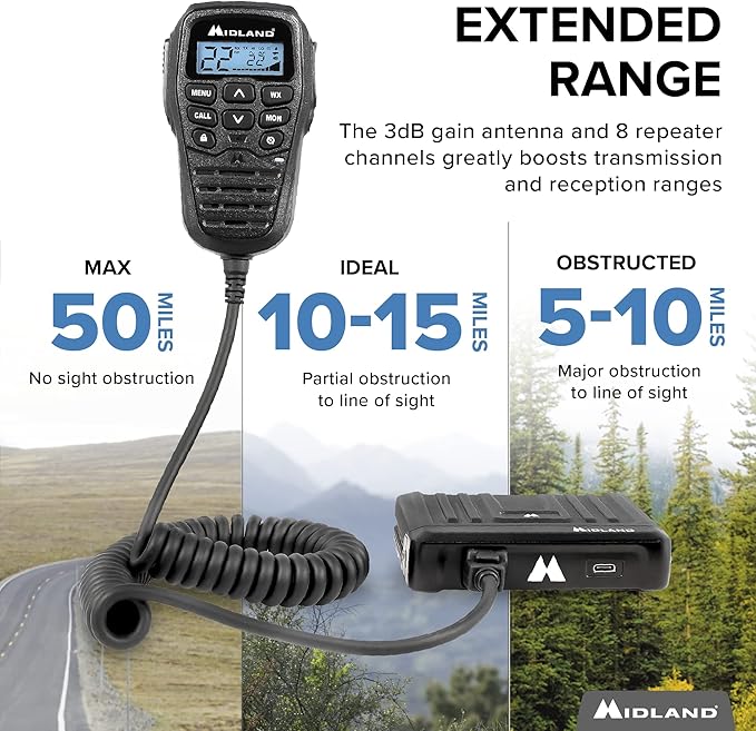 Midland – MXT275VP4-15 Watt GMRS MicroMobile® Two-Way Radio - ATVs UTVs and other off-road vehicles - Overlanding Gear - Extended 3dB gain Roll Bar Mount Antenna Microphone Extension Cable
