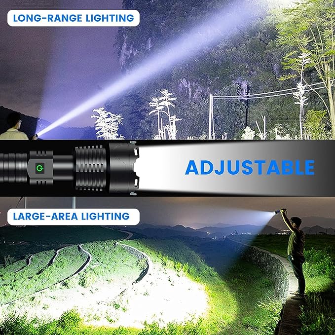 Flashlights High Lumens Rechargeable - 990000 Lumens Super Bright LED Flashlight with 5 Modes, Max 10 Hours Runtime, IP67 Waterproof Flash Light for Camping, Hiking, Fishing