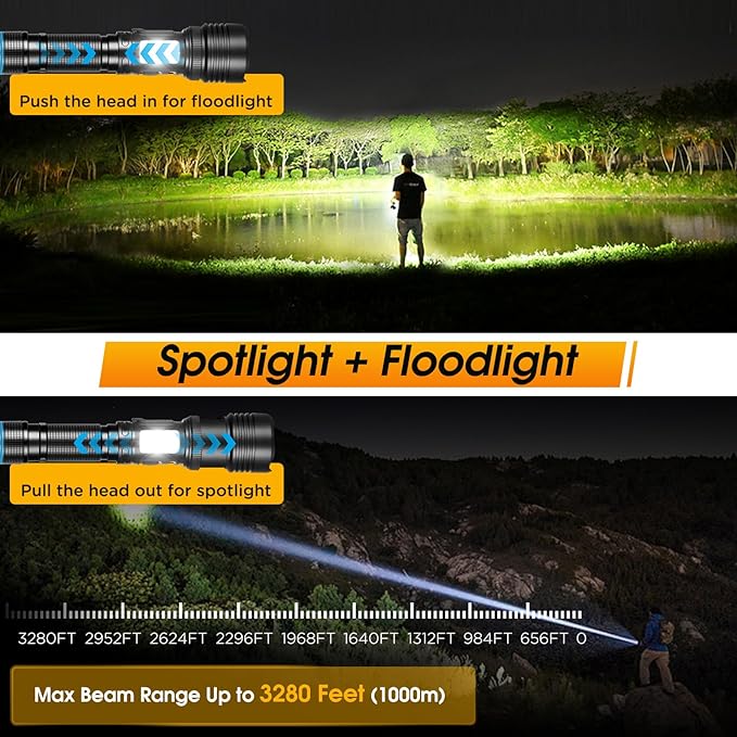 LED Flashlights High Lumens Rechargeable，990000 Lumens Super Bright Flashlight，High Powered Flashlight Zoomable，7 Modes，IPX67 Waterproof，Powerful Tactical Flashlight for Emergencies，Camping