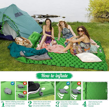WANNTS Double Sleeping Pad, Ultralight Inflatable Sleeping Pad for Camping, Built-in Pump, Ultimate for Camping, Hiking - Airpad, Carry Bag, Repair Kit - Compact & Lightweight Air Mattress(Green)
