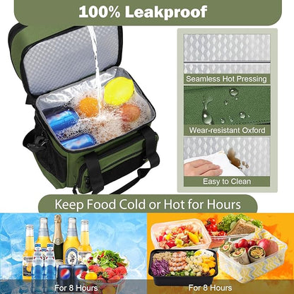 Double Deck Insulated Lunch Box, Expandable XLarge Lunch Bag Leakproof Cooler Bag Lunch Pail for Men Women Adults Work Shifts Travel Daytrip,22L,Army Green