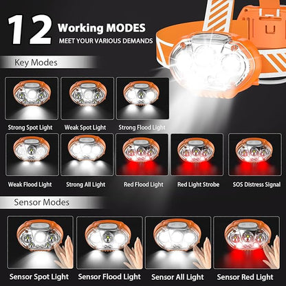 Rechargeable Headlamp, 20000 High Lumen 5 LED Head Lamp with Red White Light, IPX4 Waterproof Headlight,8 Mode Head Flashlight for Outdoor Running Hunting Fishing Hiking Camping Gear-Orange