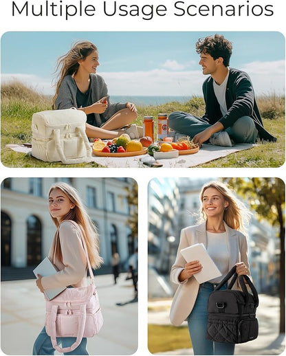 BAGSMART Lunch Bag Women, Double Deck Insulated Lunch Box, Quilted Puffer Lunch Tote, Leakproof, Durable & Reusable Large Lunch Cooler For Work Picnic Travel Meal Prep, Black