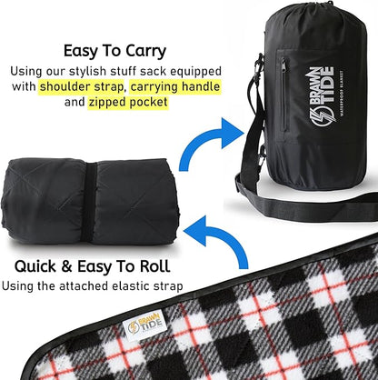 BRAWNTIDE Large Outdoor Waterproof Blanket - Quilted, Extra Thick Fleece, Warm, Windproof, Sandproof, Includes Stuff Sack, Shoulder Strap, Ideal for Beaches, Picnics, Camping, Stadiums, Dogs, Car