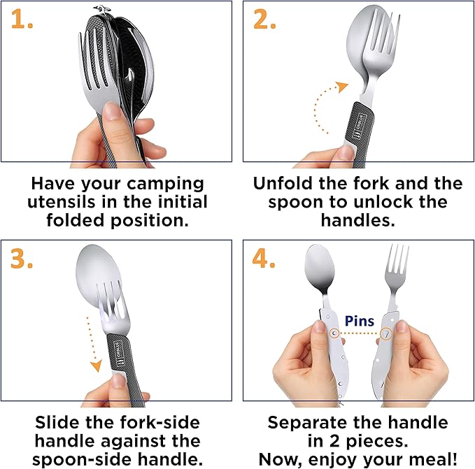 Orblue 4-in-1 Camping Utensils, 2-Pack, Portable Stainless Steel Spoon, Fork, Knife & Bottle Opener Combo Set - Travel, Backpacking Cutlery Multitool, Yellow