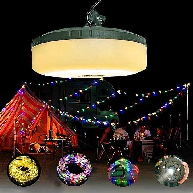 Camping String Light with Camping Lantern and Flashlight,Updated 3-in-1 Portable String Lights,32.8ft/10M Warm White and Colorful,8 Lighting Modes(NO APP),Rechargeable,Waterproof