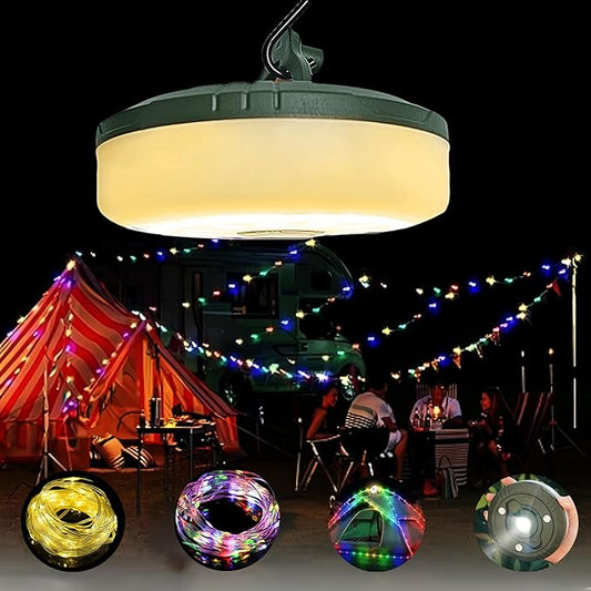 Camping String Light with Camping Lantern and Flashlight,Updated 3-in-1 Portable String Lights,32.8ft/10M Warm White and Colorful,8 Lighting Modes(NO APP),Rechargeable,Waterproof