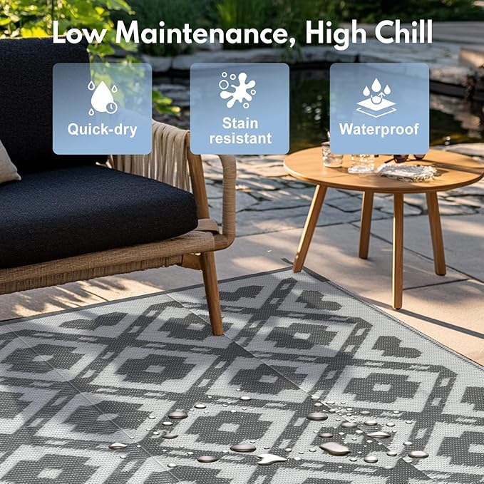 Waterproof Outdoor Rug 8x10 ft, Reversible Plastic Straw Rug, Easy to Clean Patio Rug, Portable Carpet for Patio, RV, Deck, Balcony, Backyard, Picnic, Beach, Square Dashed, Gray