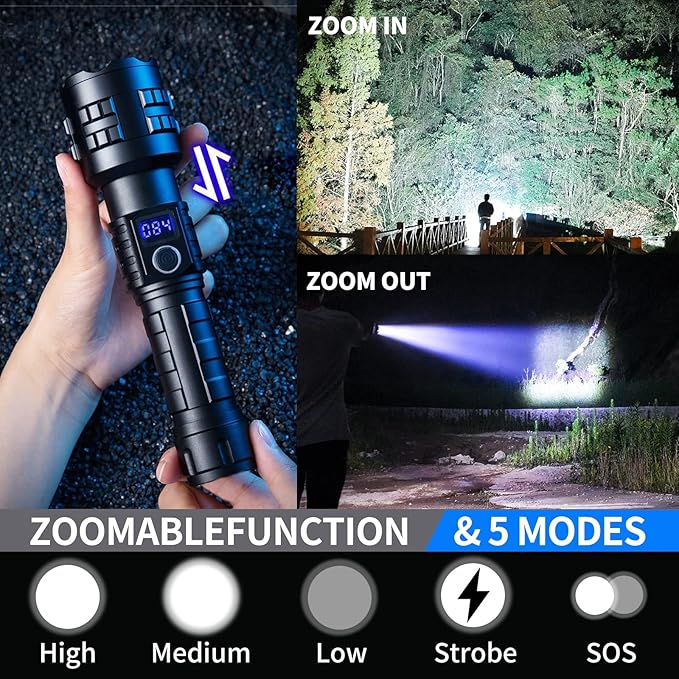 Rechargeable Flashlights High Lumens XHP99 990000 Lumens Brightest LED Tactical Flashlights Super Bright High Powered Flash Light, Powerful Handheld Hunting Flashlight for Emergency Hiking Battle