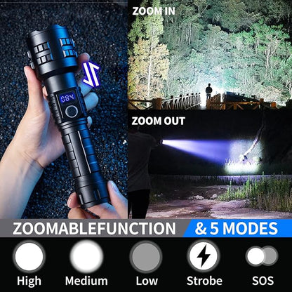 Rechargeable Flashlights High Lumens XHP99 990000 Lumens Brightest LED Tactical Flashlights Super Bright High Powered Flash Light, Powerful Handheld Hunting Flashlight for Emergency Hiking Battle