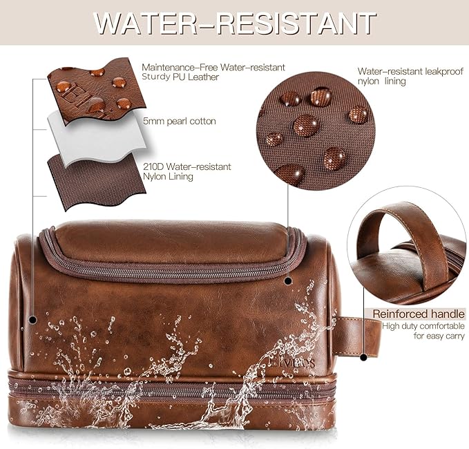 Elviros Toiletry Bag for Mens PU Leather Travel Organizer Kit with Hanging hook, Large Water-resistant Toiletries Bathroom Shaving Bags (Dark Brown)