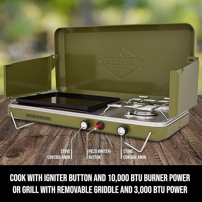 Hike Crew 2-in-1 Gas Camping Stove | Portable Propane Grill/Stove Burner w/Integrated Igniter & Stainless Steel Drip Tray | Built-in Carrying Handle, Foldable Legs & Wind Panels | Includes Regulator