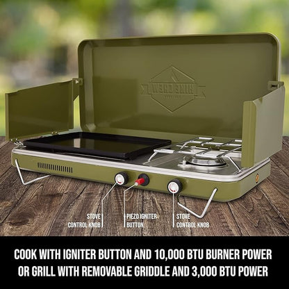 Hike Crew 2-in-1 Gas Camping Stove | Portable Propane Grill/Stove Burner w/Integrated Igniter & Stainless Steel Drip Tray | Built-in Carrying Handle, Foldable Legs & Wind Panels | Includes Regulator