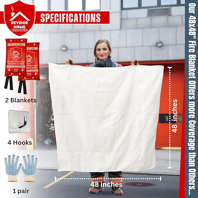 Extra Large Fire Blanket - 48”x 48” Pack of 2 Blankets with 4 Hooks and 2 Gloves, Fire Blankets Emergency for Home, Car, Kitchen, Warehouse, Outdoor, and Camping Safety.