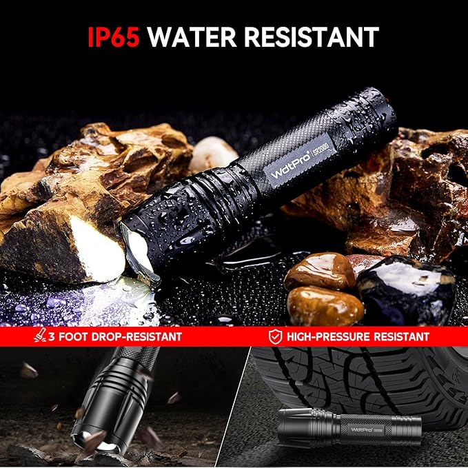 WdtPro LED Flashlight High Lumens SR2000 Pro - 2 Pack Brighter Tactical Flashlights with 5 Modes & Zoomable - Powerful Mini Flash Light for Emergency, Camping, Hiking