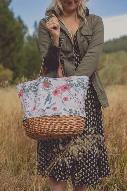 PICNIC TIME Coronado Canvas and Willow Basket Tote, Picnic Tote Bag, Beach Tote