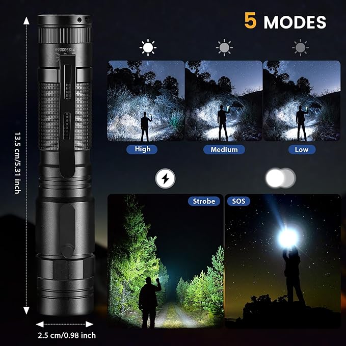 Flashlight Rechargeable High Lumens, Flashlight Rechargeable USB-C, Powerful Handheld Flash Light 5 Modes, Super Bright Pocket LED Flashlight for Camping, Emergency, Rescue（2 Pack）